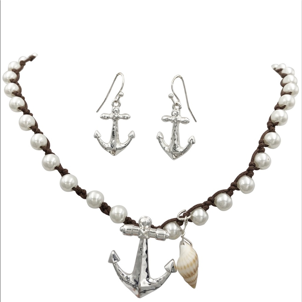 Pearl & Brown Thread Anchor Necklace Earrings Set